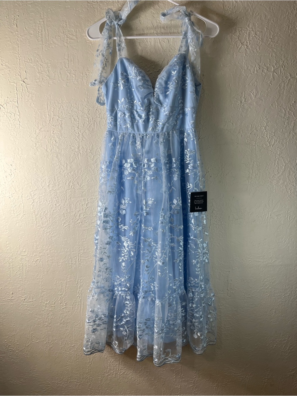 Lulu's Distinctly Sweet Blue Floral Embroidered Tie Strap Midi Dress - Picture 3 of 15